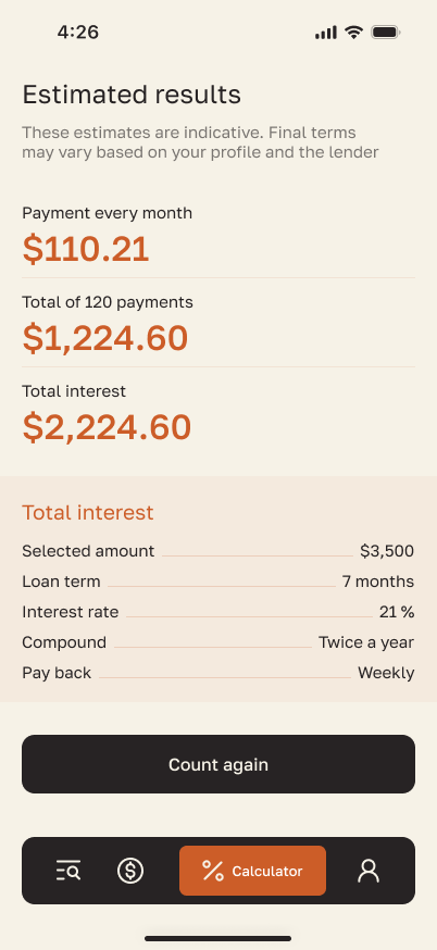 FastCash calculator result screen
